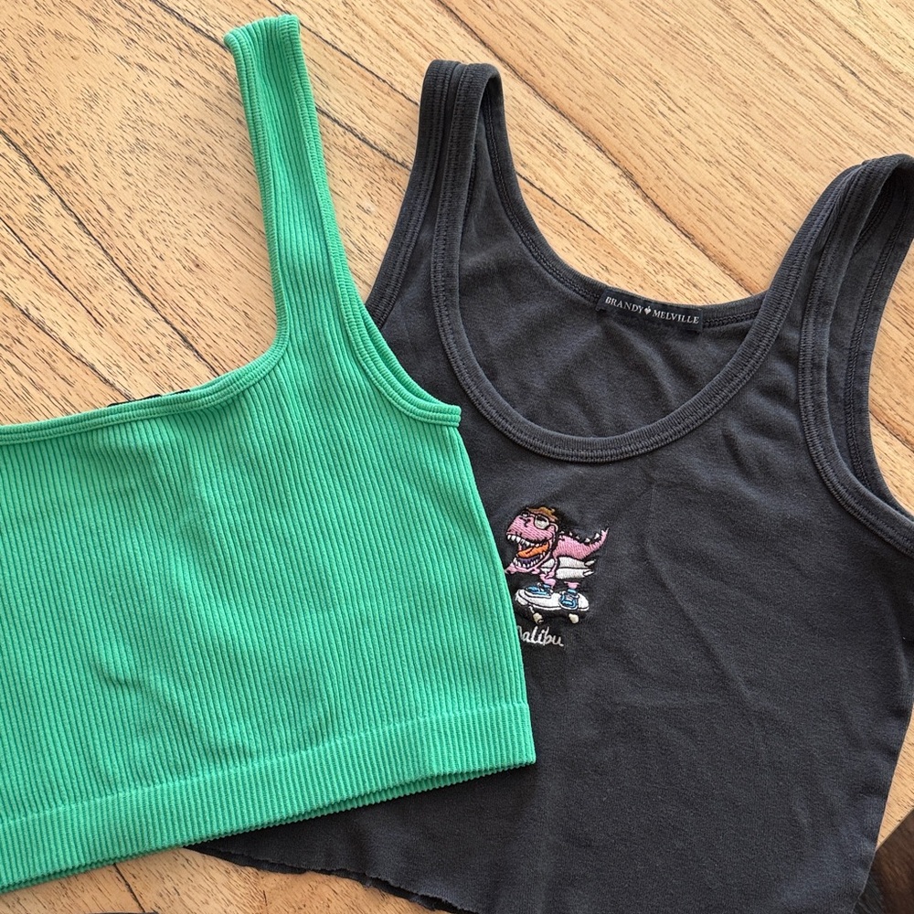 Brandy Melville Black Graphic Tank & Bright Green Ribbed Crop